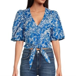 Sugarlips Marina Floral Print V-Neck Puff Sleeve Tie Front Coordinating Crop Top